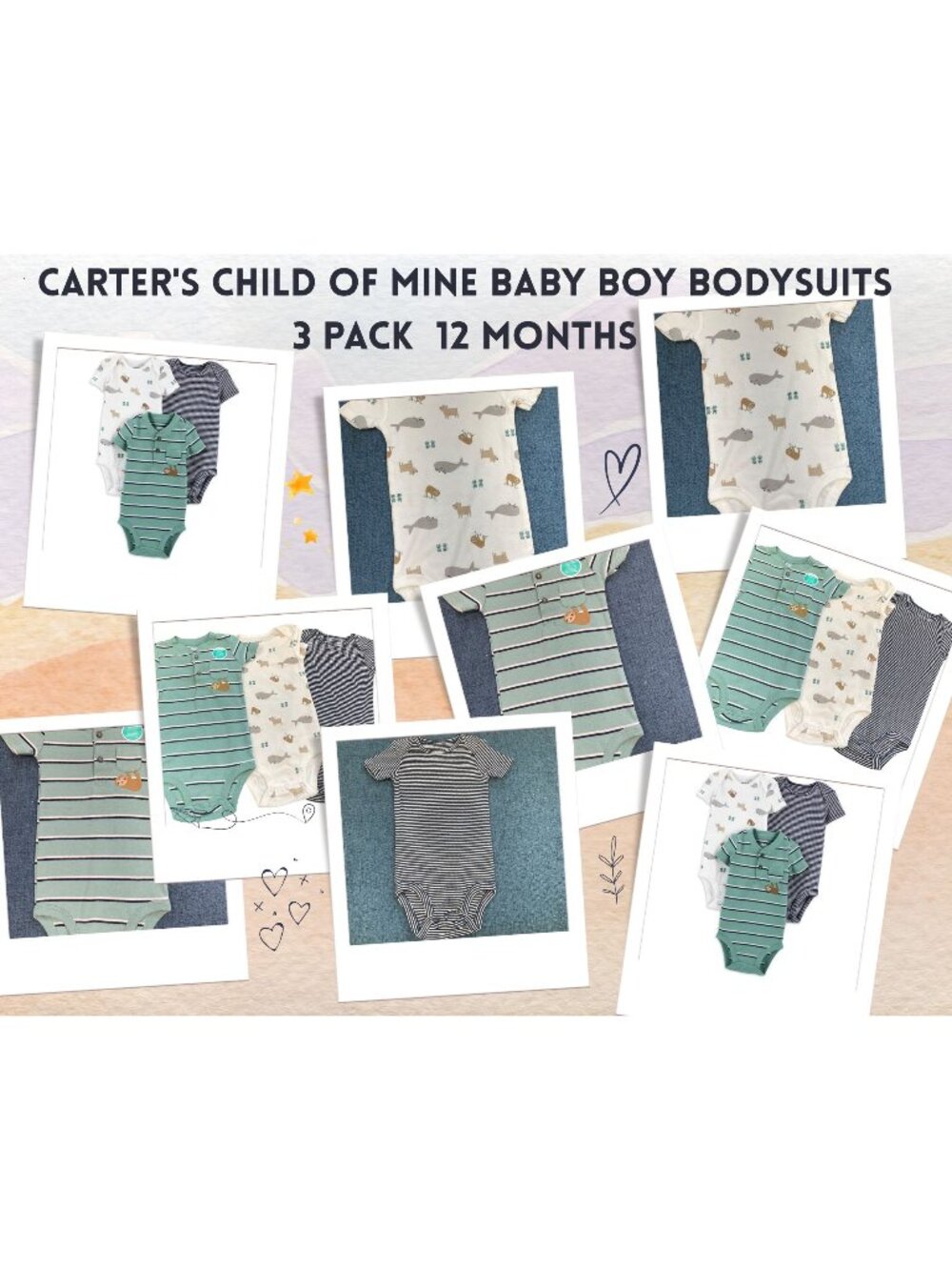 Carter's Child of Mine Baby Boy Bodysuits 3 Pack 12 months